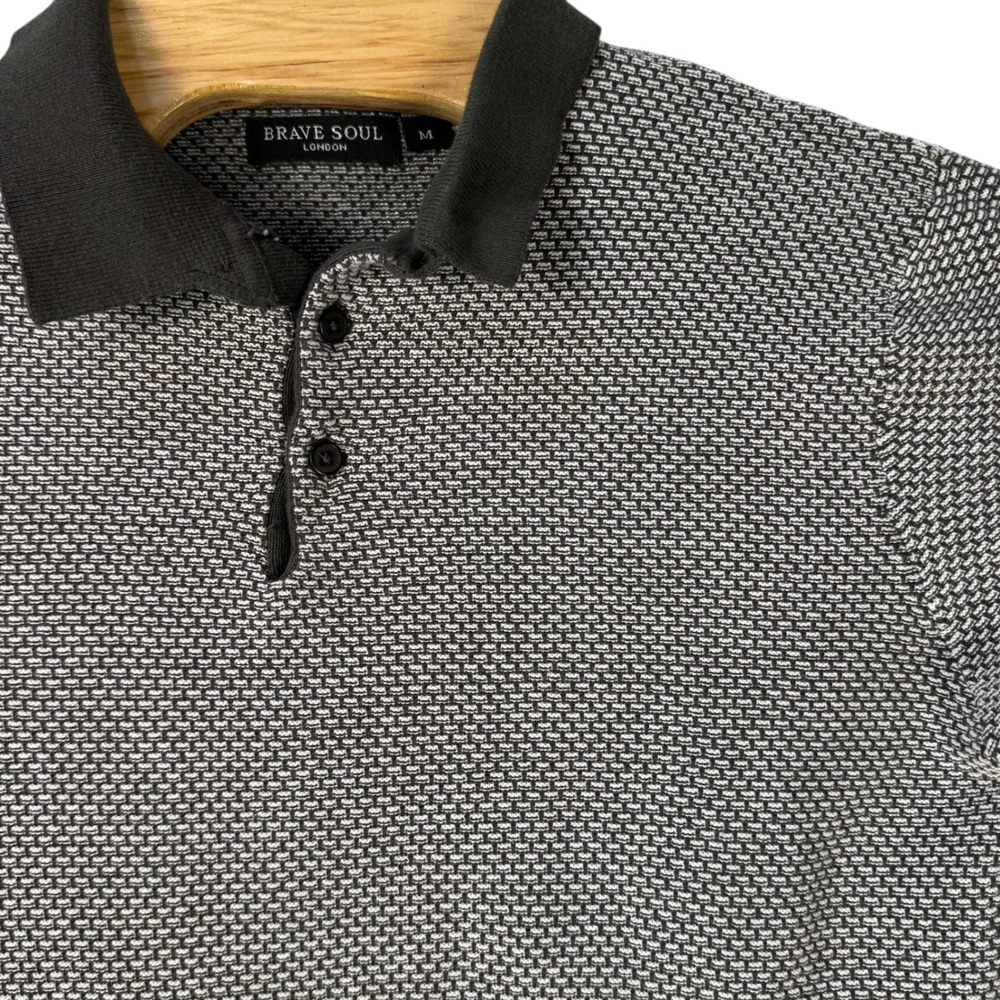 Brave Soul London Knit Polo Shirt Long Sleeve Geometric Pattern Green Medium